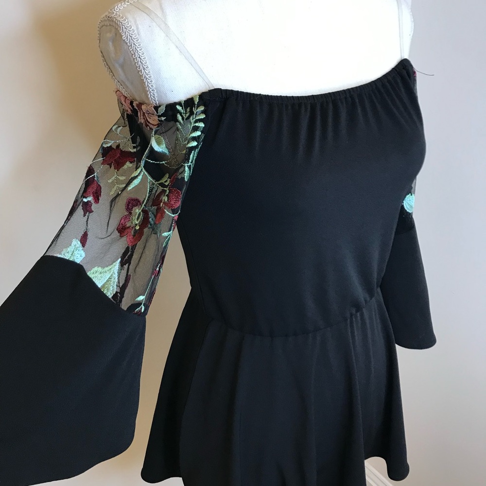 ECI Black Off-Shoulder Top with Floral Embroidered Mesh Sleeves